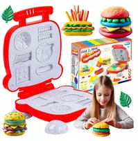 click4TOYS 6 TEŠLOS VIENETŲ RINKINYS + VAIKŲ PLASTIKOS PASTOS HAMBURGERIŲ MAŠINAS