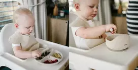 Baby Ono Indų rinkinys: dubuo ir lėkštė su siurbtuku, šaukštas ir smėlio spalvos seilinukas