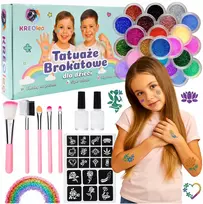 KREOleo GLITTER TATTUOS DIDELIS TATUiruočių rinkinys, PLAUNAMI ŠABLONAI, GLITTER