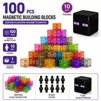 XINLONGDIANZI Skaidrios magnetinės plytos 100 vnt + 10 figūrėlių + aukščiausios kokybės konteineris