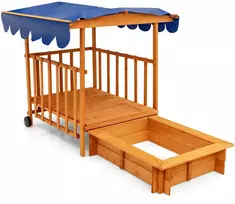 Promotions Vaikiška lauko medinė smėlio dėžė su ištraukiamu dangčiu ir ratukais 95x71x20 cm natūrali/mėlyna