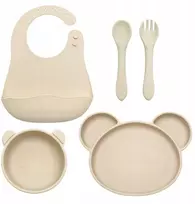 Gigi Kids Silikoninių indų rinkinys, lėkštė, dubuo, stalo įrankiai, seilinukas, baltas ekru