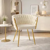 Mivihome Minkšta aksominė kėdė su smėlio spalvos pintu rožinio aukso atlošu valgomajam