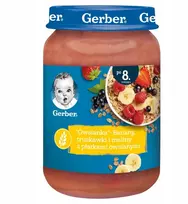 Gerber desertas Bananai braškės ir avietės su avižiniais dribsniais 190 g