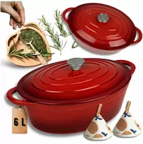 HAGE Keptuvė, ketaus, emaliuota, 6 l, dangtis, 34 cm, raudona, indukcinė orkaitė