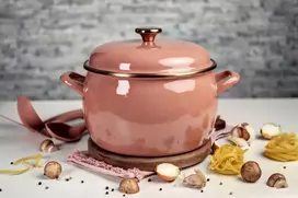 Metalac Emaliuotas puodas su emaliuotu dangteliu 22 cm, 5,4 l, smėlio spalvos, Mocha