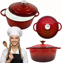 Emaliuotas ketaus PUODAS su dangteliu HAGE 4L 24 cm raudonas indukcinis grilis