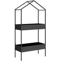 Dvieju aukštų namelio formos augalų stovas, 150 cm aukščio, su kabliukais, juodo metalo