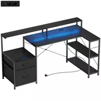 Žaidimų stalas L formos rašomasis stalas su LED ir elektros lizdais, su dvigubu monitoriaus stoveliu, 165x80x91,5 cm, juodos medienos išvaizda