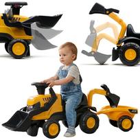 FALK važiuojamasis JCB traktorius su priekaba, grėbliu ir kastuvu, tyliais ratais, 1-3 metų vaikams