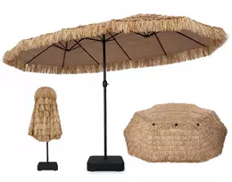Promotions Dvipusis šiaudinis terasos skėtis su baze 450x280x252 cm rudos/juodos spalvos