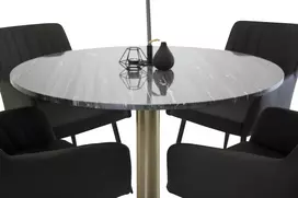 Valgomojo stalas Estelle, ø106cm, Pilkas Marmuras/Bronzinė + 4 valgomojo kėdės Comfort Juodos