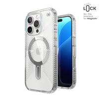 Speck Presidio Perfect-Clear Grip dėklas su MagSafe ir ClickLock, skirtas iPhone 16 Pro, skaidrus / chromo spalvos