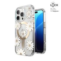Speck Presidio Lux dėklas su MagSafe ir ClickLock, skirtas iPhone 16 Pro, „Sunshine Daisies/Clear“