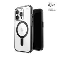 Speck Presidio Perfect-Clear MagSafe dėklas su ClickLock, skirtas iPhone 15 Pro, skaidrus su juodu žiedu ir rėmeliu