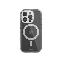 Moshi iGlaze MagSafe dėklas, skirtas iPhone 15 Pro, skaidrus su „Luna Silver“ spalvos detalėmis