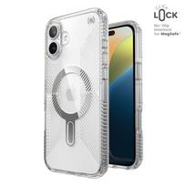 Speck Presidio Perfect-Clear Grip dėklas su MagSafe ir ClickLock, skirtas iPhone 16 Plus, skaidrus / chromo spalvos