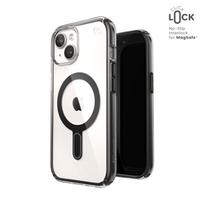 Speck Presidio Perfect-Clear MagSafe dėklas su ClickLock, skirtas iPhone 17e / 16e / 15 / 14 / 13, skaidrus su juodu žiedu ir rėmeliu
