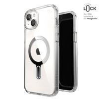 Speck Presidio Perfect-Clear MagSafe dėklas su ClickLock, skirtas iPhone 15 Plus / 14 Plus, skaidrus su chromo spalvos žiedu