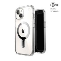 Speck Presidio Perfect-Clear MagSafe dėklas su ClickLock, skirtas iPhone 17e / 16e / 15 / 14 / 13, skaidrus su chromo spalvos žiedu