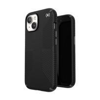 Speck Presidio2 Grip MagSafe dėklas, skirtas iPhone 17e / 16e / 15 / 14 / 13, juodas su skalūno pilkos spalvos detalėmis