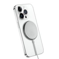 Crong MagSpot aliumininis 15 W magnetinis belaidis įkroviklis, suderinamas su MagSafe, sidabro ir baltos spalvų