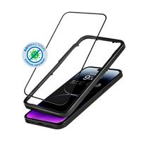 Crong Anti-Bacterial 3D Armor Glass 9H visą ekraną dengiantis grūdintas apsauginis stiklas, skirtas iPhone 14 Pro Max, su montavimo rėmeliu