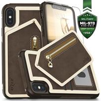 Zizo Nebula piniginės tipo dėklas su užtrauktuku užsegama kišene ir grūdintu ekrano stiklu, skirtas iPhone X, tamsiai rudas ir rudas