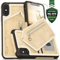 Zizo Nebula piniginės tipo dėklas su užtrauktuku užsegama kišene ir grūdintu ekrano stiklu, skirtas iPhone X, rusvai gelsvas ir rudas