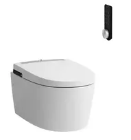 Pakabinamas unitazas su bidė funkcija Laufen CLEANET ALVIA, su nuleidimu (washdown), Rimfree sėdynė su SoftClose dangčiu ir QuickRelease mechanizmu, šildoma sėdynė, nuotolinio valdymo pultas, Wi‑Fi, džiovintuvas, UV dezinfekcija, H8211604000001