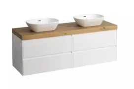Vonios kambario spintelė Laufen LANI, su 65 mm storio stalviršiu, (be praustuvo) su išpjova kairėje ir dešinėje pusėse 157 × 50 × 58 cm, matinė balta/ąžuolas, H4065941122601