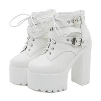 Gothic Boots Women's Solid Color High Heeled Buckle Strap Fashion Women Shoes Punk Style Thick Bottom Retro Lace-up Ankle Boots 35