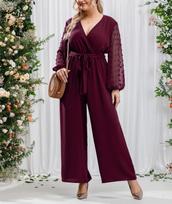 Plus Size Lace-up High Waist Patchwork Wide-Leg Jumpsuit for Women 3XL vyno raudonos spalvos