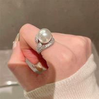 Fashion Retro Super Flash Zircon Micro-Inlaid Cut Out Stylish Large Pearl Grace Versatile Opening Fancy Ring Zircon Pearl Style