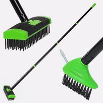 Crack Weeder Brush Long Handle 3-in-1 Wire Floor Scrubber Brush Manual Crevice Weeding Tool with Scraper Weed & Moss Remover for Driveway, Patio,