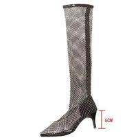 Women's Knee Length Pointed High Heel Cool Boots Hollow Long Boot Women's Water Diamond Sexy Fashion Mesh Sandal Sandalias Muje 34
