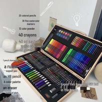 Back-to-School 180-Piece Wooden Paint Set for Kids: Watercolors, Pens, Crayons, Oil Pastels & More 180 Wooden Box Brush Set