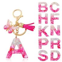 Fashion Rose Red 26-Letter Resin Keychain Sparkle Gradient Butterfly Tassel Pendant Retro Durable Women Bag Accessory Practical Backpack Charm A