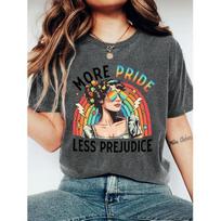 Retro Rainbow “More Pride Less Prejudi” Ladies T Shirt | Retro-style female image with rainbow elements LGBTQ + Themed Round Neck Short Sleeve| S