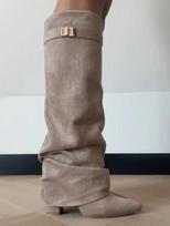 Boots Women'S Shoes Coarse Heel Women'S Boots Folded Pants Tube Boots Medium Point Straight Tube Large Size Metal Buckle 35