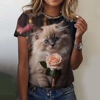 Summer Cute Cat Fashion Pattern Women's Leisure Daily T-shirt Round Neck Oversized Short Sleeve T-Shirts S