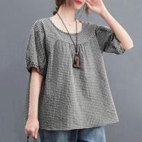 Summer Vintage Women Casual Loose Shirt Baggy Plaid Checked Tunic Fashion O Neck Short Sleeve Blouse Blusas S juoda