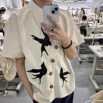 Men's Swallow Bird Embroidery Textured Short Sleeve Button Down Shirt Casual Streetwear Top S