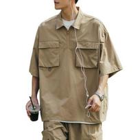 Summer Men Cargo Top Chest Pockets Solid Color Loose Zipper Plus Size Hip Hop Streetwear Plus Size Half Sleeves Half-open Turn-down Collar Mid Length XL