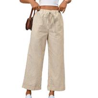 Women's Striped Wide Leg Pants Elastic Waist Drawstring Casual Cropped Trousers S