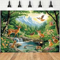 2D Kids Forest Backdrop, Cute Animals & Mountain Background for Parties 47.2x31.5inch/120*80cm