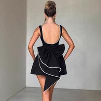 Women's Square Neck Sleeveless Mini Dress Fit And Flare High Waist Sexy Elegant Pearl Bow Backless A-Line Party Dress S