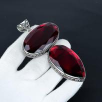 Red Garnet Giant Size Gemstone Handmade 925 Sterling Silver Jewelry Pendant, Big Size Pendant For Gifts , Double Red Garnet Gemstone Pendant 2.54" raudona