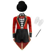 Unisex vaikų iliuzionisto kostiumas Cosplay Rinkinys Ilgomis rankovėmis Blizgučiai Šachmatinė lentelė Užtrauktukas Frakas Bodis Kaklaraištis Skrybėlė Magijos lazdelė 5-6 Years raudona