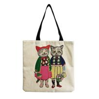 Women Vintage Linen Tote Bag - Large Capacity Cat Print Shoulder Handbag for Casual & Grocery Shopping KTB hm4337